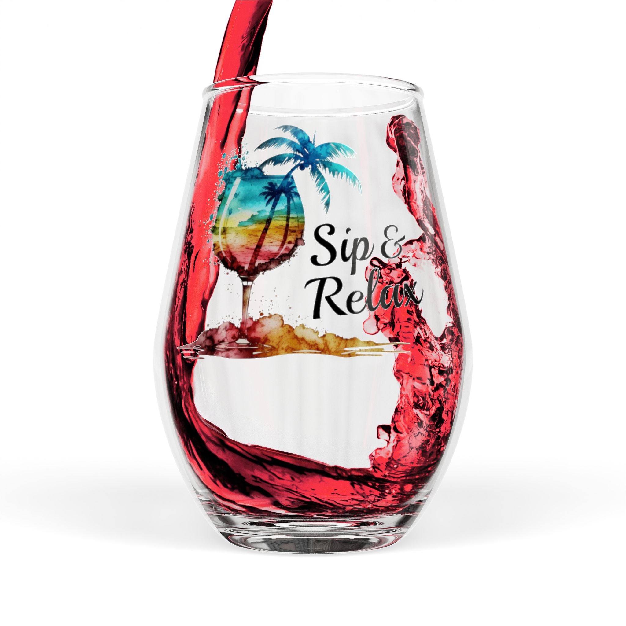 Sip & Relax Stemless Wine Glass 11.75oz – Tropical Palm Tree Design