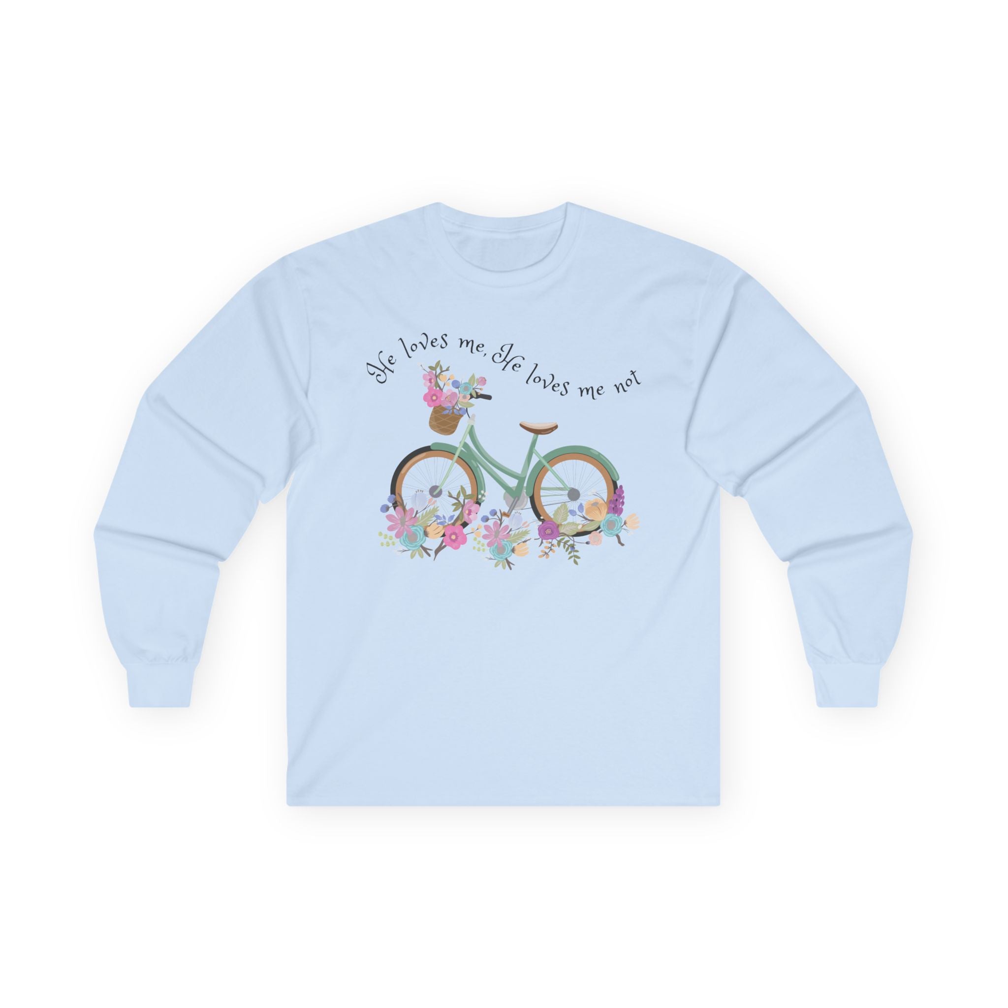 He Loves Me He Loves Me Not Long Sleeve Tee – Floral Bicycle Graphic