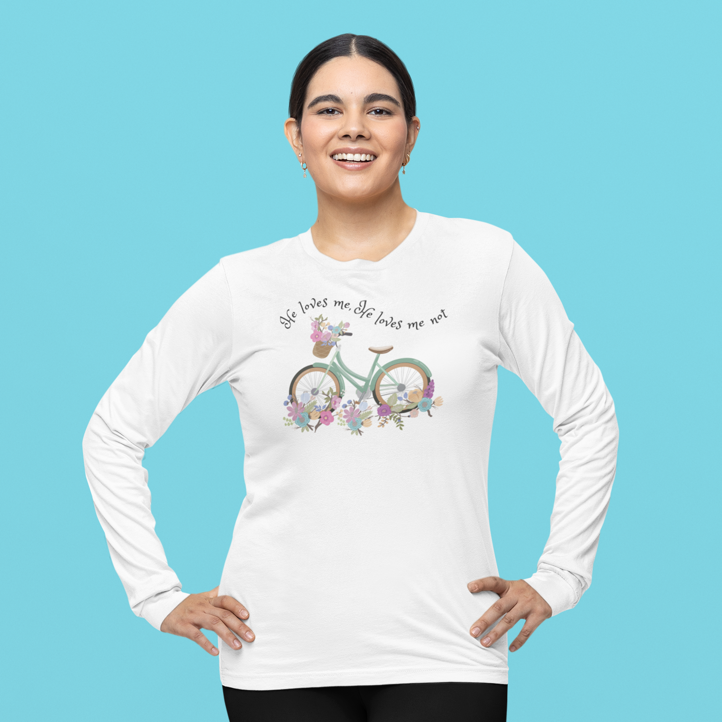 He Loves Me He Loves Me Not Long Sleeve Tee – Floral Bicycle Graphic