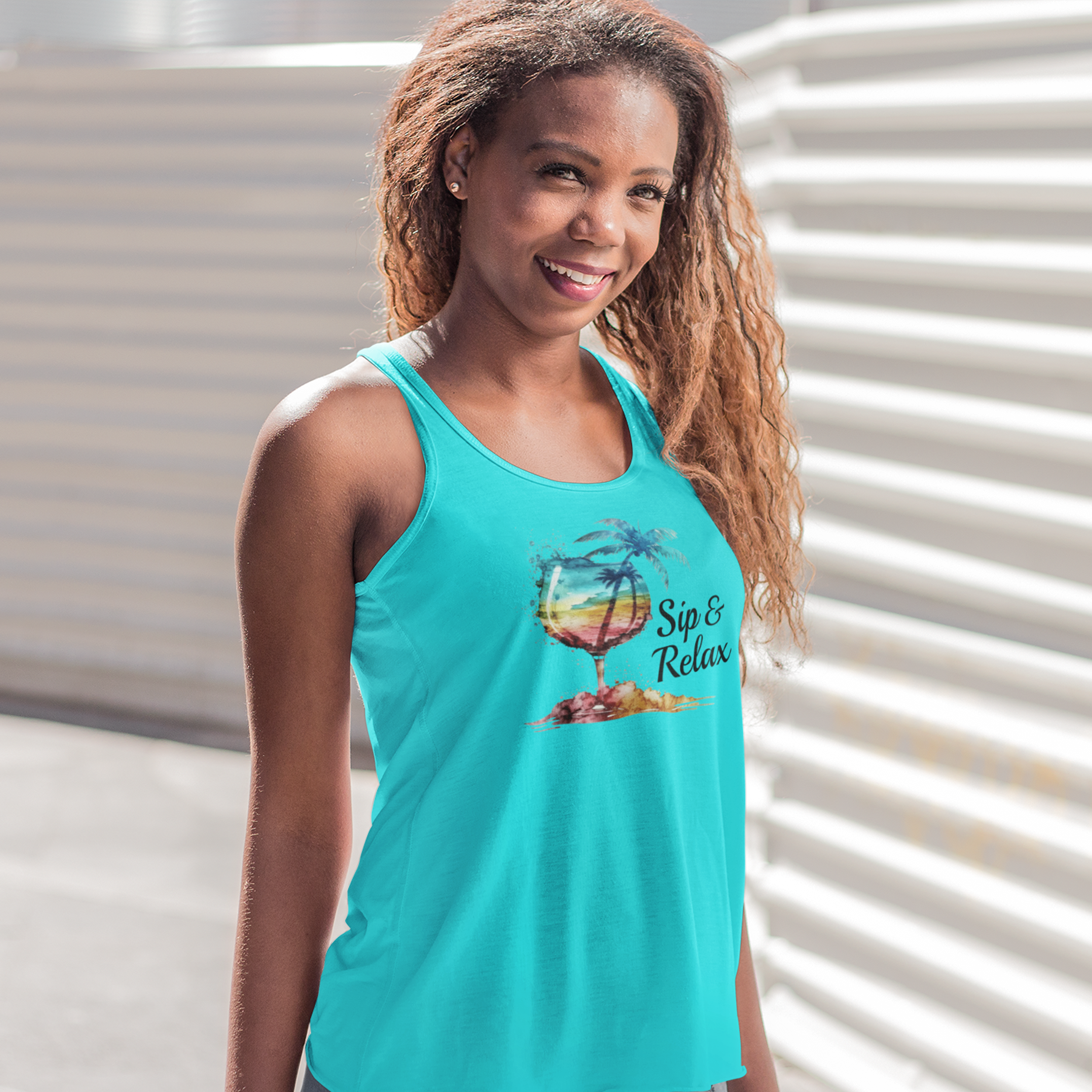 Sip & Relax Tropical Racerback Tank Top – Vibrant Summer Beach Graphic