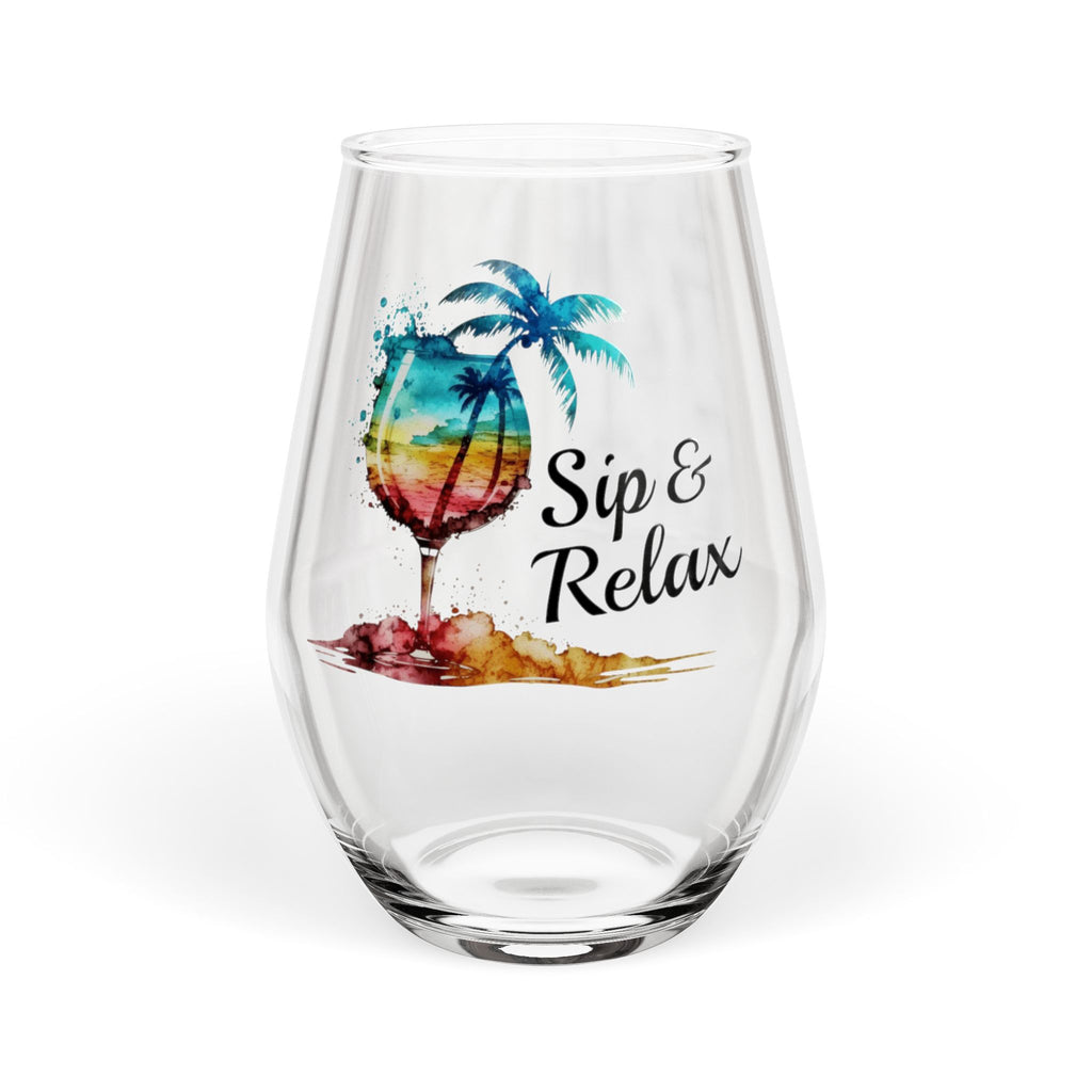Sip & Relax Stemless Wine Glass 11.75oz – Tropical Palm Tree Design